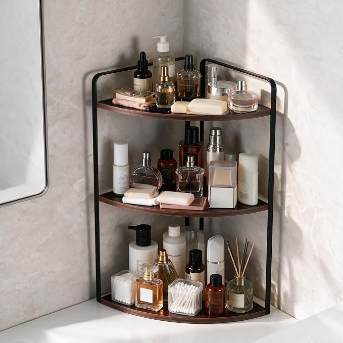 3 Tier Corner Bathroom Counter Organizer, Gray Brown | Countertop Sink Organizer Rack, Wooden and Metal Counter Shelf, Space Saving Corner Bathroom & Vanity