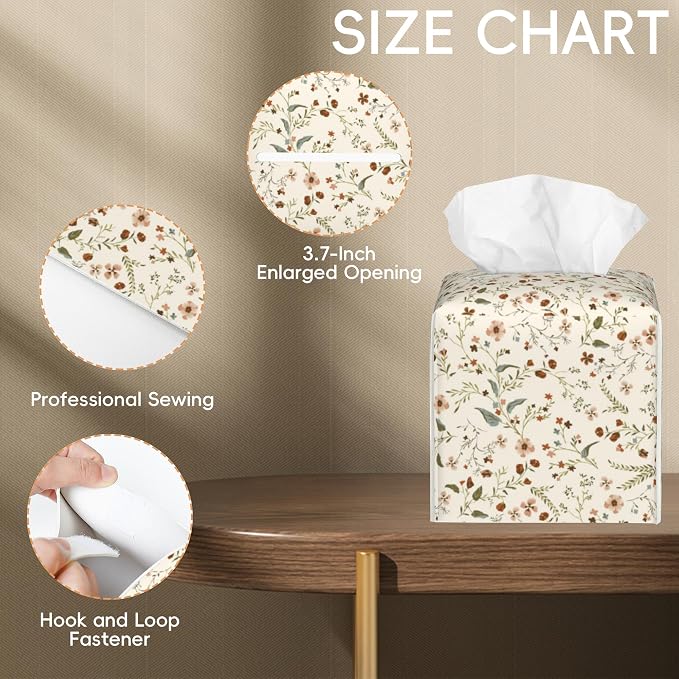 Vintage Decorative Square Leather Tissue Box Holder Cover Facial Paper Organizer Dispenser for Bathroom, Vanity Countertop, Office Desk (Vintage Flowers and Plants)