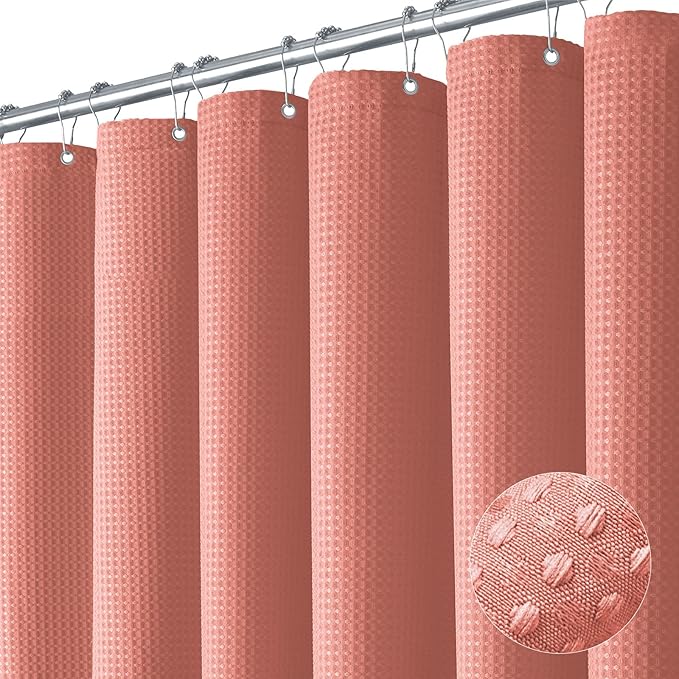 Long Waffle Shower Curtain 256 GSM Heavy Fabric 72x78 Coral | 78 Inch Long, Thick Polyester Cloth, Weighted Hem, Water Repellent, Washable, Tall Hotel Bathroom Shower Curtain Set 12 Hooks