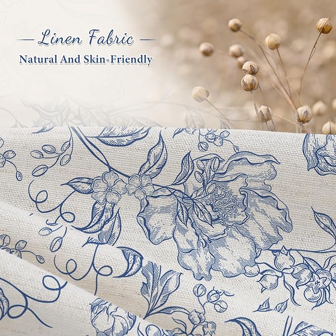 Blue Boho Linen Shower Curtain, Farmhouse Floral for Bathroom | Botanical floral print. Rustic farmhouse boho decor. Durable linen blend fabric. Machine washable for easy care. 72x72