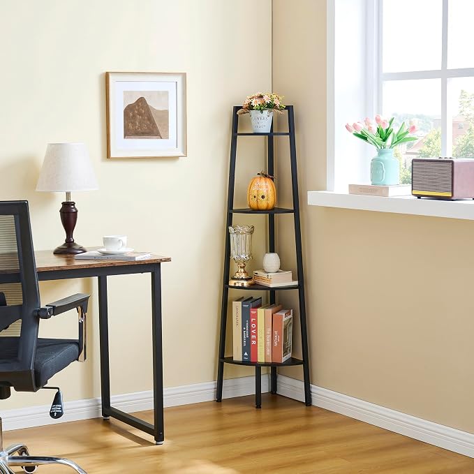 Hoctieon Corner Shelf, 4-Tier Corner Bookshelf, Rustic Ladder Shelf, Industrial Display Stand for Living Room, Kitchen, Home Office, Balcony, Small Space, Metal Frame, Black