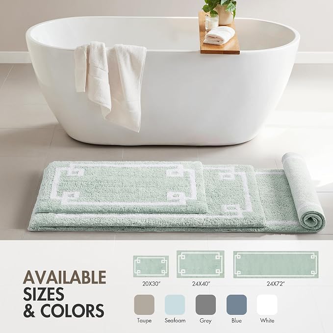 Madison Park Evan 100% Cotton Bath Runner Plush Absorbent, 24 x 72, Seafoam | Non-slip Backing, OEKO TEX, Luxurious Tufted Plush Bath Rug for Bathroom, Quick Dry, Spa Design Decorative for Shower Room
