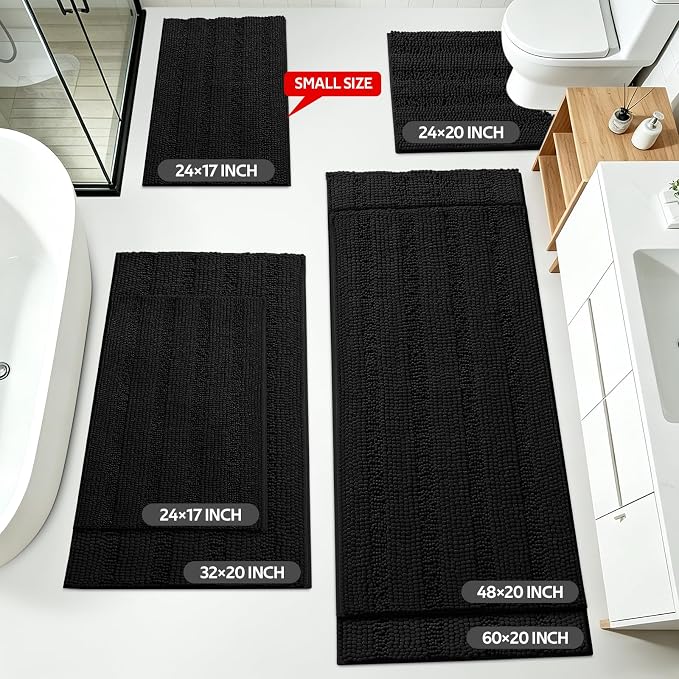 Striped Black Bathroom Rug Set 3 Pieces Ultra Soft, Non Slip Chenille Toilet Mat, Absorbent Plush Shaggy Bath Mats for Bathroom, Bedroom, Kitchen