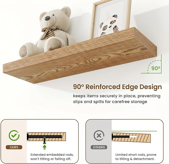 9.25in Depth 30in Floating Shelves, 30x9.25x1.4,Light Brown, Set of 2 | Wall Mounted Engineered Wood Shelves, Invisible Brackets for Living Room, Bedroom, Bathroom, Kitchen Decor and Storage