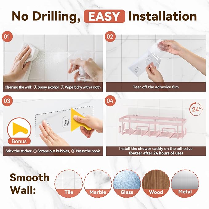 Shower Caddy Adhesive, Rustproof Shower Organizer, Wall Shower Rack | Large Capacity Shower Shelves for Inside Shower, No Drill Shower Storage, Shampoo Shower Holder, Bathroom Shower Shelf