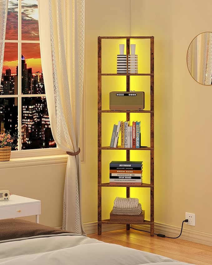TUTOTAK Corner Shelf with LED Light, 6-Tier Corner Bookshelf | for Small Space, Narrow Display Corner Shelf Stand with Storage Rack, for Living Room, Bedroom, Brown BS05BC006L
