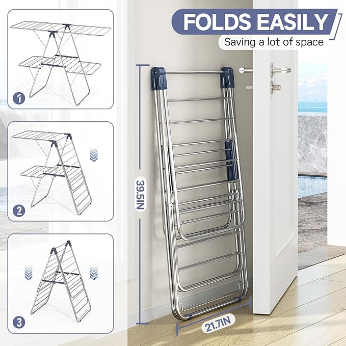 Large Stainless Steel Clothes Drying Rack with 4 Wings | Drying Rack Clothing with Height-Adjustable, Foldable Gullwings, Indoor Outdoor Use, No Assembly, Regular Blue