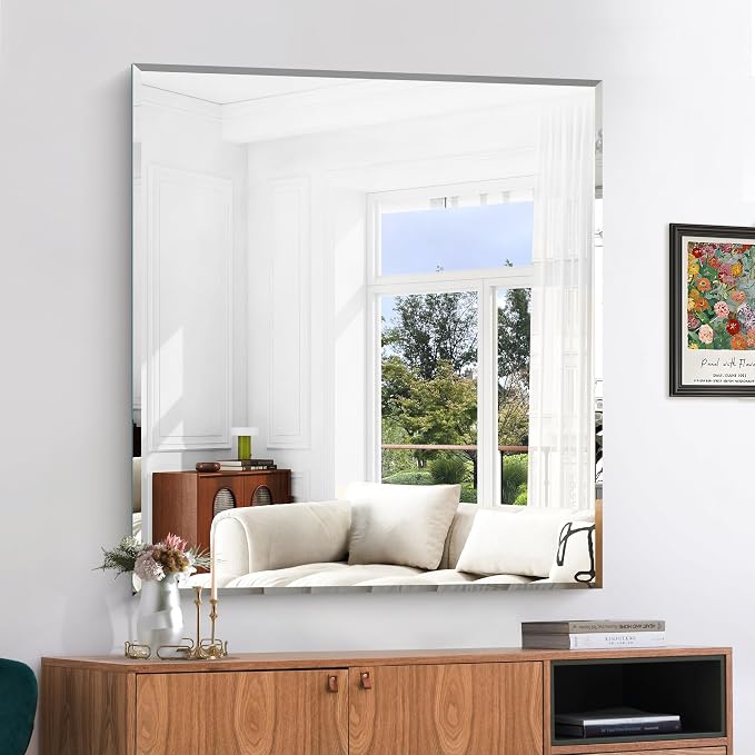 KOCUUY Beveled Mirror, 40x36 Inch Large Frameless Bathroom Mirror for Over Sink, Upgraded Shatterproof Beveled Unframed Design Mirror for Bathroom, Bedroom, Hang Horizontal/Vertical