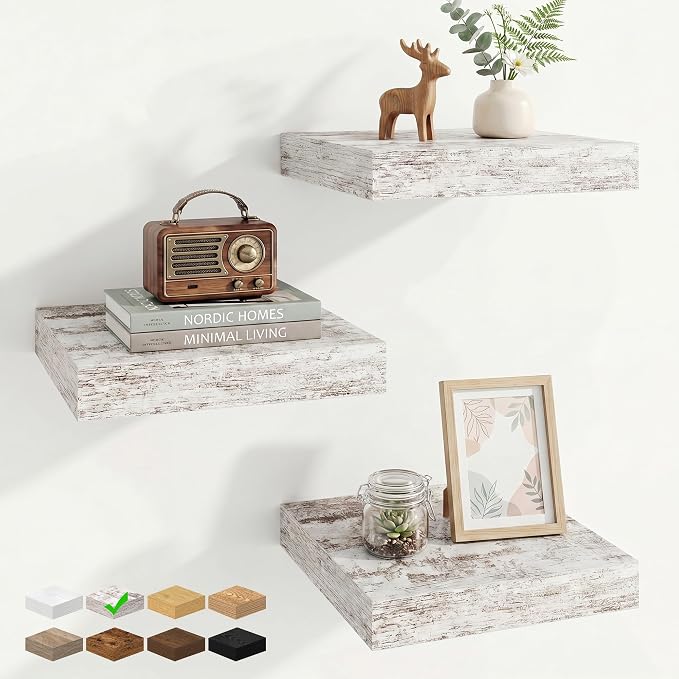 Marsmiles 12in Depth Floating Shelves, 12x12x1.4, Vintage White, Set of 3 | Small Wall Mounted Square Shelves, Engineered Wood, Invisible Brackets, Living Room, Bedroom, Bathroom, Kitchen Decor