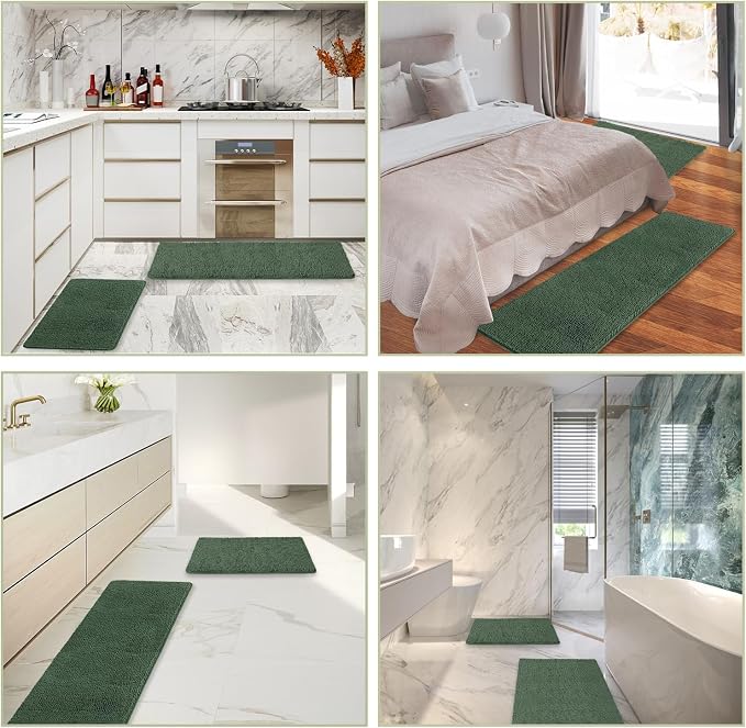 Bathroom Rugs Sets 2 Piece – Absorbent and Washable Bath Mat, Non-Slip, Thick Soft Chenille Bath Rugs for Bathroom Floor, Shower, Sink(17" x 24"+17" x 47", Hunter Green)
