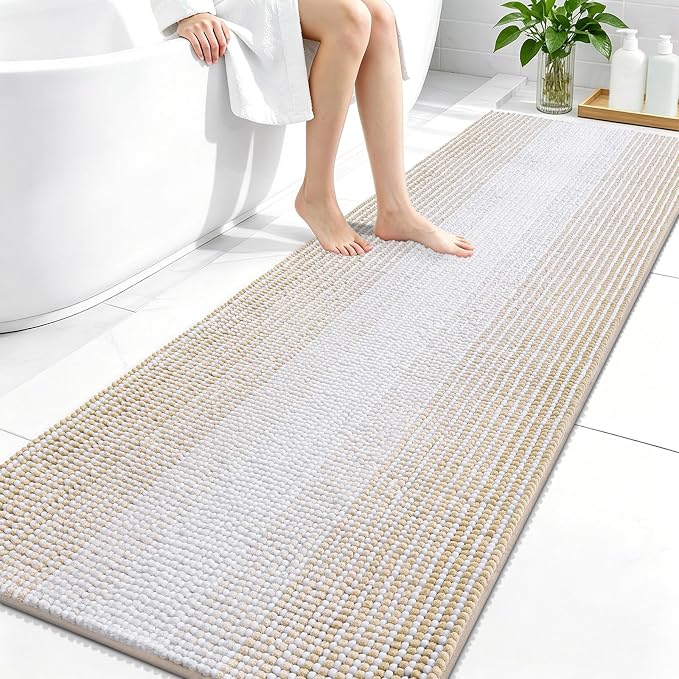 OLANLY Bathroom Runner Rugs 70x24, Soft Chenille Striped Bath Rugs, Beige | Extra Absorbent, Rubber Backing, Machine Wash Dry, Bath Mats for Bathroom Floor, Tub and Shower, Home Decor Accessories