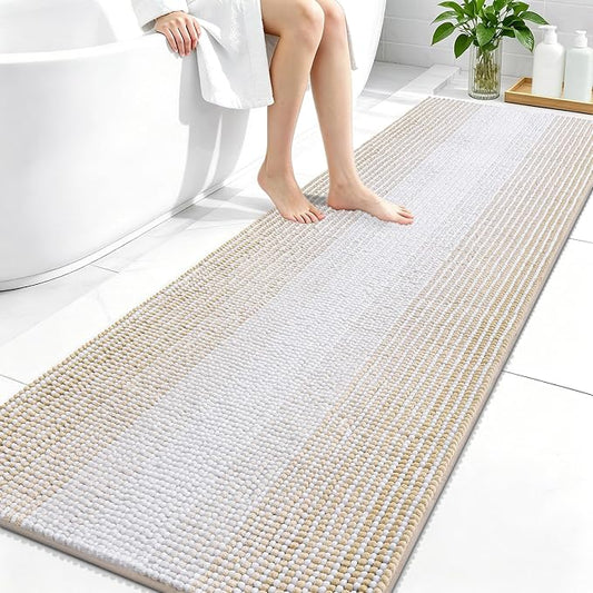 OLANLY Bathroom Runner Rugs 70x24, Soft Chenille Striped Bath Rugs, Beige | Extra Absorbent, Rubber Backing, Machine Wash Dry, Bath Mats for Bathroom Floor, Tub and Shower, Home Decor Accessories