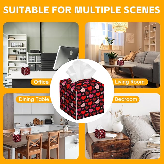 Hearts Tissue Box Cover,Red Hearts PU Leather Tissue Box Holder Square,Modern Home Decoration for Bathroom Living Room Kitchen Office Car,5.2"×5.2"×5.2"