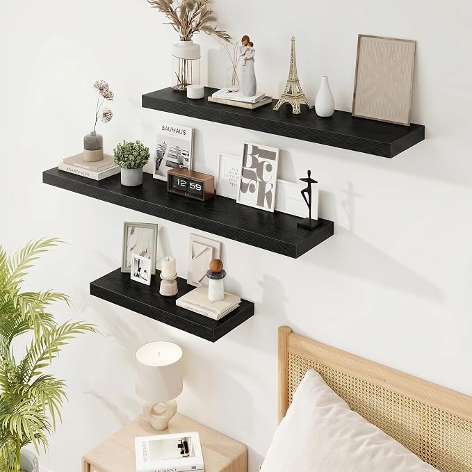 Marsmiles 9.25in Depth 36in Floating Shelves, 36x9.25x1.4, Black, Set of 2 | Wall Mounted Engineered Wood Shelves, Invisible Brackets for Living Room, Bedroom, Bathroom, Kitchen Decor and Storage