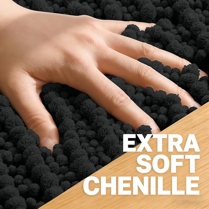OLANLY Bathroom Runner Rugs 59x20, Thick Soft Absorbent Chenille Bath Rugs | Black, Quick-Drying Rubber Backing, Long Shaggy Bath Mat, Machine Washable for Floor, Tub and Shower, Home Decor Accessories
