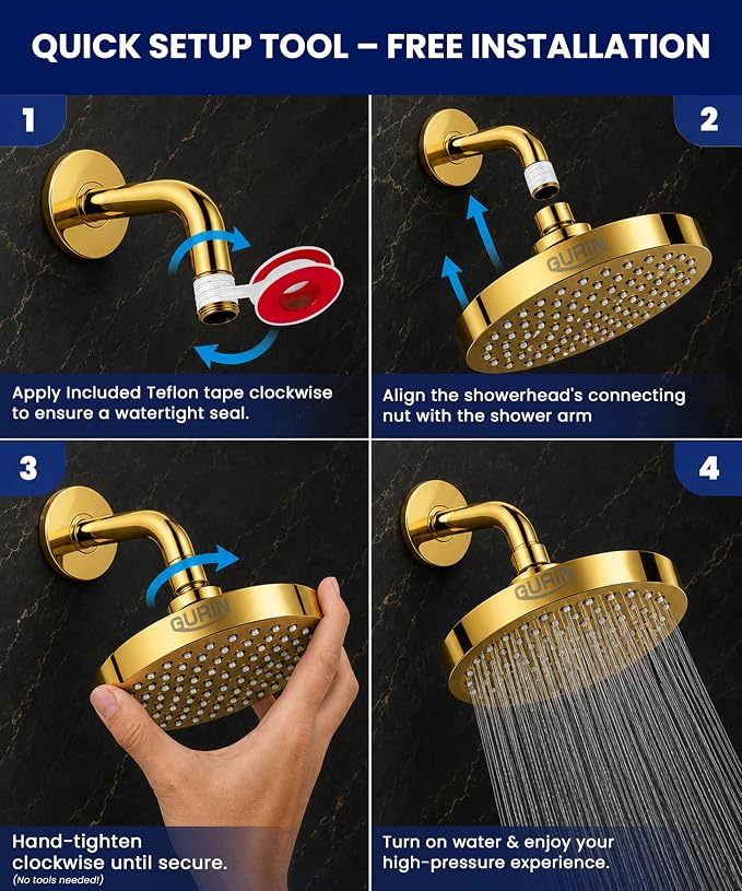 Shower Head - Luxury Gold Plated Finish - Rain Showerhead 6 Inch | High Pressure Shower Heads with Adjustable Angles, 90 Anti-Clog Nozzles, Tool-Free 1-Min Install