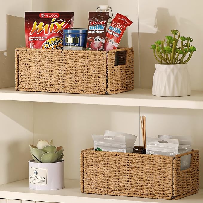 Wicker Storage Basket, Set of 2 Hand-Woven Paper Rope Wicker Basket, Small Storage Baskets for Organizing Toilet Paper, Foldable Large Cube Storage Organizer Bins for Shelves (Natural)