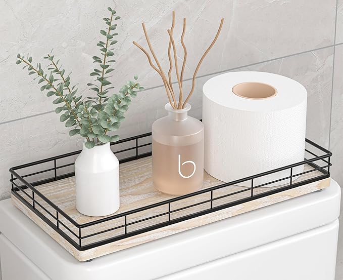 Toilet Paper Basket Organizer, Ash Wood Toilet Tank Tray with Metal Frame | Bathroom Counter Top Storage for Toilet Paper, Wipes & Decor, Modern Narrow Back of Tank Shelf Organizer, Black & Whitewashed