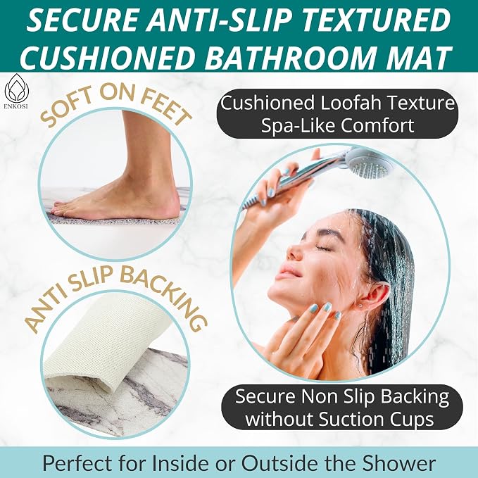 Enkosi Loofah Shower Mat with Drain Hole – Cushioned Anti-Slip Square Bath Mat for Showers, Wet Bathroom Floors – Textured PVC, Secure Non Slip Safety Pad for Walk-in Stalls (27x27 Marble Grey)