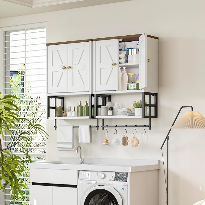 Bathroom Wall Cabinet, Farmhouse Medicine Storage with Towel Bar, White | 2 Doors, Adjustable Shelves & 5 Hooks. Space-Saving Wall Storage for Over Toilet, Laundry, Kitchen, Living Room