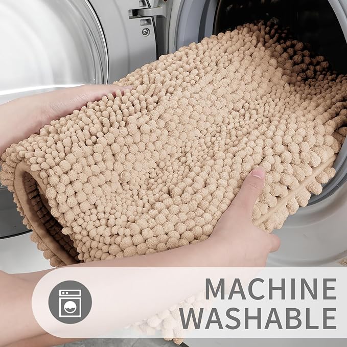 Yimobra Toilet Rugs U Shaped Washable 24 x 20, Non Slip and Super Absorbent Toilet Mat, Quick Dry, Ultra Luxury Microfiber Chenille Plush Fluffy Contour Bath Rugs for Toilet Base, Beige