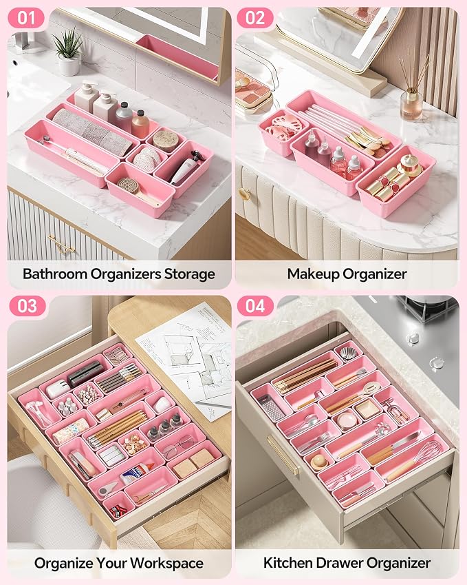 Canfanni 13 Pack Plastic Drawer Organizers Set, 3 Sizes Desk Drawer Organizer Trays for Vanity and Makeup Organizer, Organization and Storage for Makeup, Kitchen Utensils, Bathroom and Office(Pink)