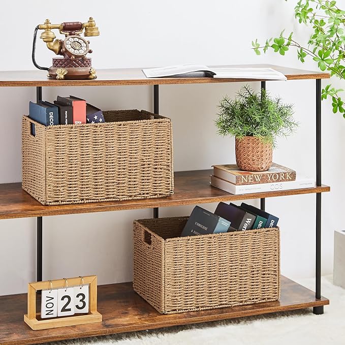 Wicker Storage Basket, Set of 2 Hand-Woven Paper Rope Wicker Basket, Small Storage Baskets for Organizing Toilet Paper Basket, Foldable Large Cube Storage Organizer Bins for Shelves (Natural)