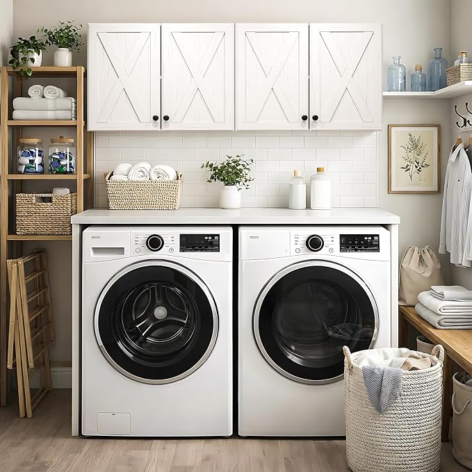 48" W Laundry Room Wall Cabinets, Wall Mounted Storage Cabinet, Farmhouse Wall Cabinet with Adjustable Shelf, Farmhouse Medicine Cabinet, Floating Cabinet for Bathroom, Kitchen, Off-White