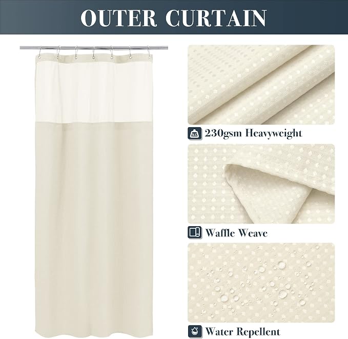 N&Y HOME Stall Waffle Weave Shower Curtain with Snap-in Liner Cream 36x72 | 12 Hooks & Snap on Fabric Liner, Washable, Mesh Window, Hotel Style, 36 x 72 Small Shower Stall Size Curtain Set for Bathroom