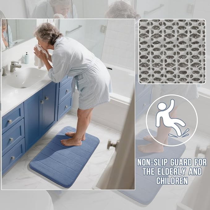 Yimobra Memory Foam Bath Mat Set 3 Pieces- Super Soft Absorbent Quick Dry Bathroom Rug Sets, Machine Washable Non Slip Floor Carpet for Tub Shower, Vanity & Toilet Base, Denim Blue