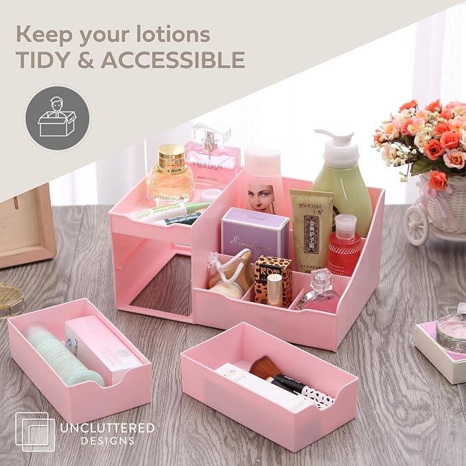Makeup Organizer With Drawers - Cute Kawaii Countertop Storage for Cosmetics, Pretty Vanity Holder for Perfume, Skincare, Brush, Lipstick, Nail Polish and other Accessories (Pink)