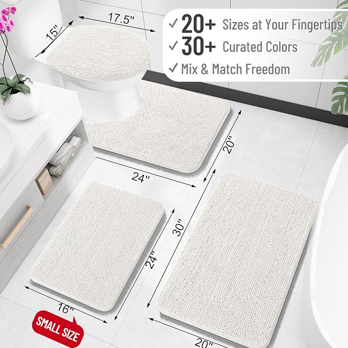 OLANLY Toilet Rugs U-Shaped 24x24, Soft Absorbent Chenille Contour Rugs | Ivory, Quick-Drying Rubber Backing, Machine Washable Non-Slip Shaggy Bathroom Mat for Toilet, Home Decor Accessories