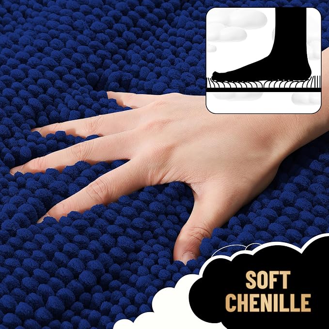 OLANLY Thick Large Bathroom Rugs 40x32, Soft Chenille Bath Rugs, Navy | Absorbent Striped, Rubber Backing, Machine Wash Dry, Bath Mats for Bathroom Floor, Tub and Shower, Home Decor Accessories