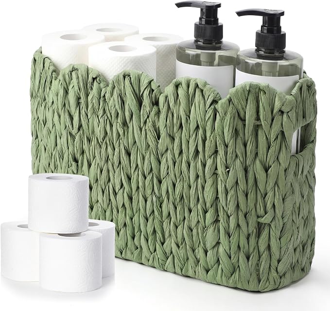 Kathfly Sage Green Toilet Paper Storage Basket Scalloped Wicker Woven Bathroom Basket Toilet Paper Holder Holds up to 6 Mega Rolls Woven Organizer for Home Bathroom Kitchen Offices