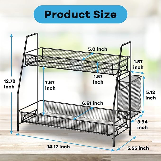 Bathroom Organizer Countertop, Spice Rack Organizer for Cabinet,Black | 2-Tier Bathroom Counter Organizer,Vanity Organizer Corner Shelf with Small Basket for Sink,Kitchen,Bedroom,Living room,Office