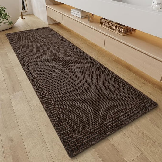 RESARE Waffle Bathroom Runner Rugs, Non Slip Boho Bath Mat 24x60 Dark Brown | Long Absorbent Bathroom Floor Mats Machine Washable Quick Dry, Soft Solid 2'x5' Bath Rugs with Tassels, Ideal Farmhouse Decor