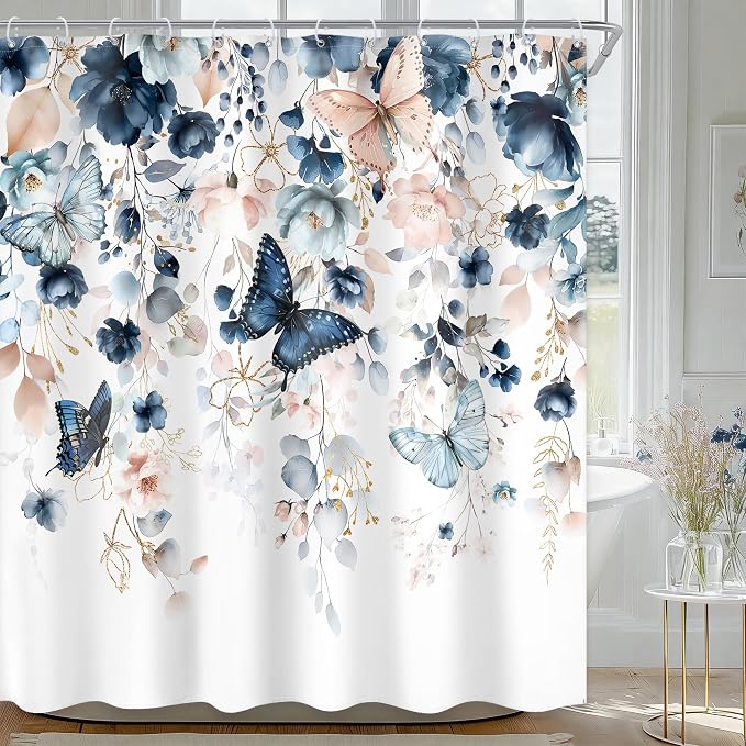 Blue Pink Floral Butterfly Spring Summer Bathroom Shower Curtain Set | 60"W x 72"L Plant Natural look, waterproof HD printed shower curtain, quick-dry fabric and free hooks.