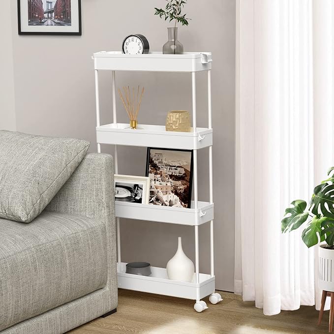 Slim Storage Cart 4 Tier,Bathroom Organizer Rolling Utility, Mobile Shelving Unit Slide Out for Office, Kitchen, Laundry Room & Narrow Places,White