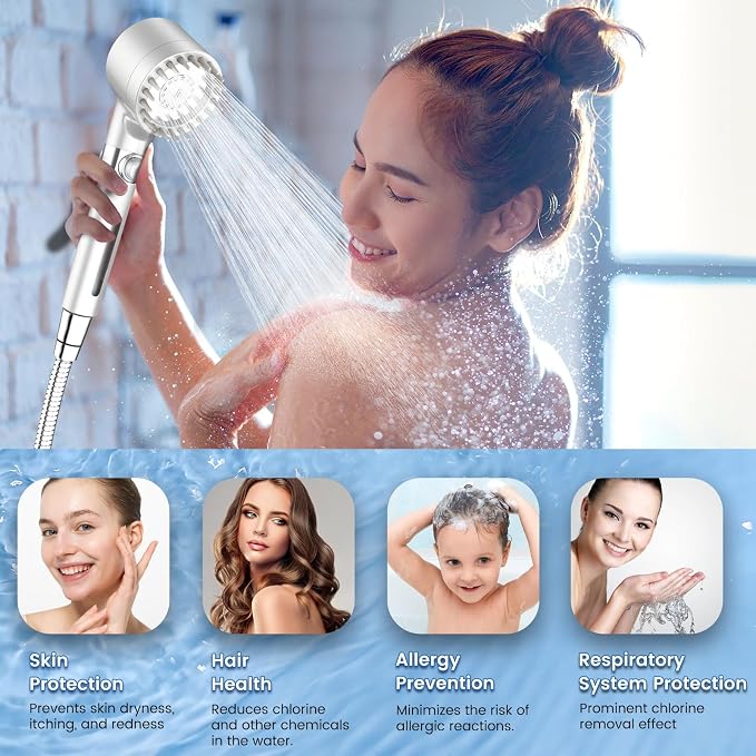 Filtered Shower Head with Handheld,High Pressure Shower Heads with Filters | ON/OFF Switch,4 Spray,Built-in Power Wash,Detachable Showerhead,Silicone Massage Brush,White,Water Softener