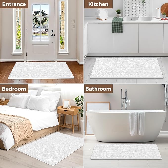 Bcoimo Bath Rug Mat,White Chenille High Absorbent Long Bathroom Runner Rugs | Non Slip with Rubber Backing Bathroom Floor Mat;High Absorbent And Quick Drying 48x30 Microfiber mats; Machine Washable Mats
