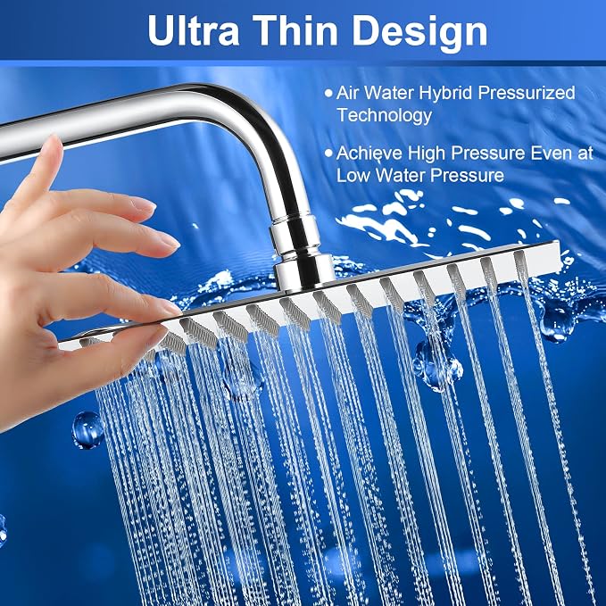 Rain Shower Head - 10 Inch High Pressure Shower Heads 304 Stainless Steel Ultra Thin Square Showerhead Pressure Boosting Design, Ceiling or Wall Mount