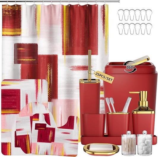 XLHOMO Bathroom Set - Burgundy Bathroom Accessories Set, Bathroom Sets with Shower Curtain and Rugs, Burgundy Shower Curtain Set with Bathroom Trash Can, Soap Dispenser, Soap Dish for Home Decor