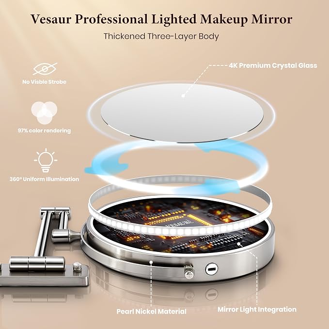 9" Large Wall Mounted Lighted Makeup Mirror, 5000mAh Rechargeable 1X/20X Magnifying Mirror with 3 Color Lights Touch Dimmable, Extended Arm 360° Swivel Bathroom Wall Mounted Makeup Mirror,Pearl Nickel