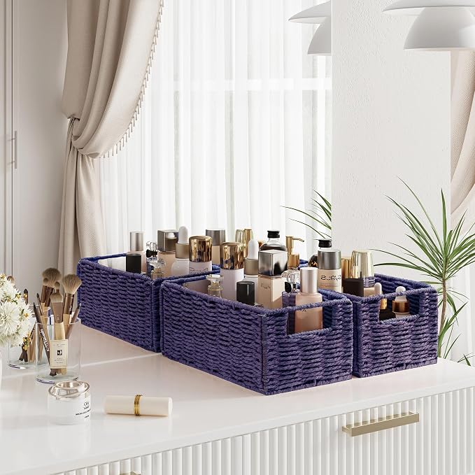 Wicker Storage Basket, Set of 2 Hand-Woven Paper Rope Wicker Basket, Small Storage Baskets for Organizing Toilet Paper, Foldable Small Cube Organizer Bins for Shelves (Purple)