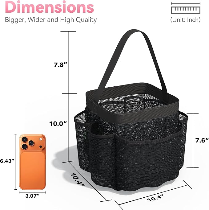 Mesh Shower Caddy Portable for Dorm College Room Essentials, 8-Pocket Large Shower Bag with Single Handles, Hanging Shower Basket for Beach, Swimming, Bathroom, Beach, Black