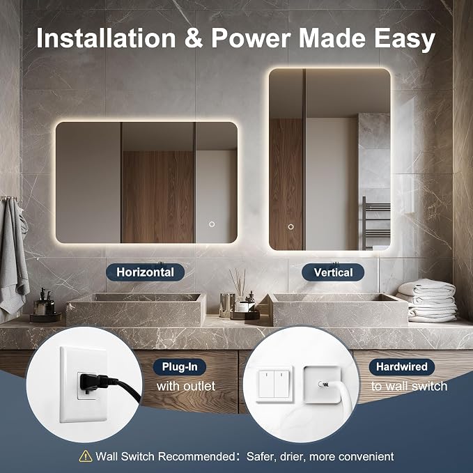 40''X30'' Lighted Mirrors for Bathroom Wall Backlit Rectangular Rounded Corners, LED Bathroom Mirror Frameless with Lights, Dimmable, 3 Colors,Tempered Glass, Shatter-Proof