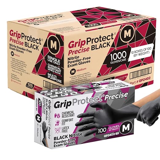 GripProtect Precise Black Nitrile Gloves 4 Mil, Chemical Resistant Gloves | Textured Grip for Mechanics, Tattoos, Food Prep & Cleaning – Medical Grade Disposable Gloves, Medium Bulk Case of 1000
