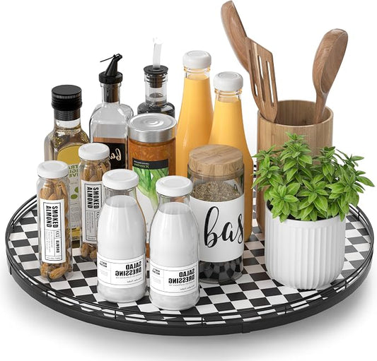 AMH 16-Inch Black and White Checkerboard Lazy Susan Decorative Tray | Smooth rotating oak tray with walnut finish for dining tables, kitchen counters, pantries and cabinet storage.
