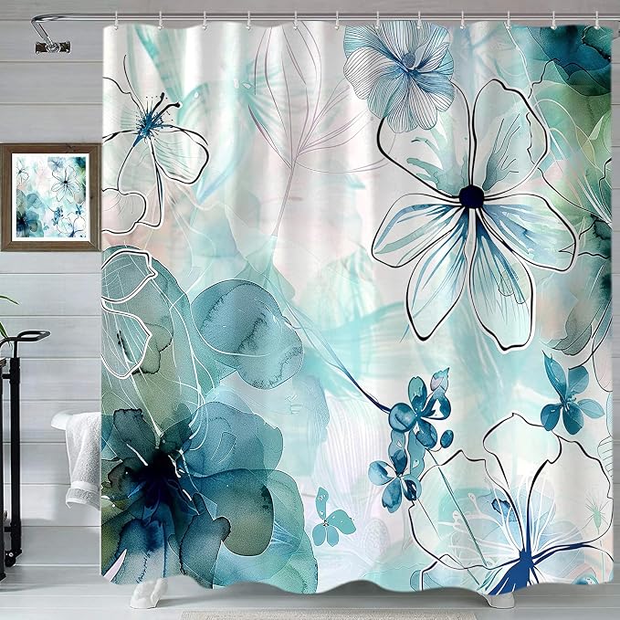 Sanzugh Teal Floral Shower Curtain, Boho Emerald Sage Hunter Olive Green Blue Abstract Flowers Art Cute Fabric Shower Curtains Set for Bathroom Decorative with Hooks 72 X 72 inch Spring Bath Decor
