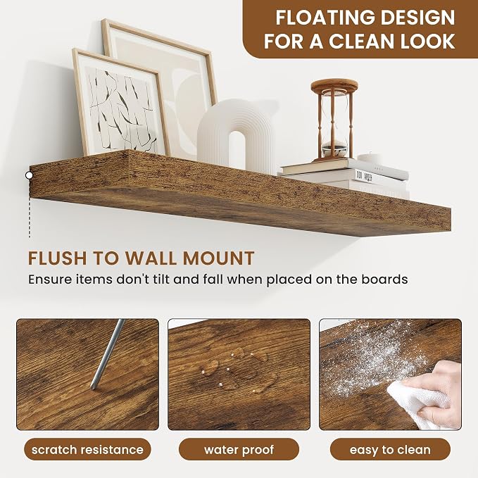 fuqing Floating Shelves for Wall, Wall Mounted Wood Floating Shelf with Invisible Brackets for Living Room, Bathroom, Bedroom, Kitchen Storage and Decor, 32 Inch Set of 2, Rustic Brown